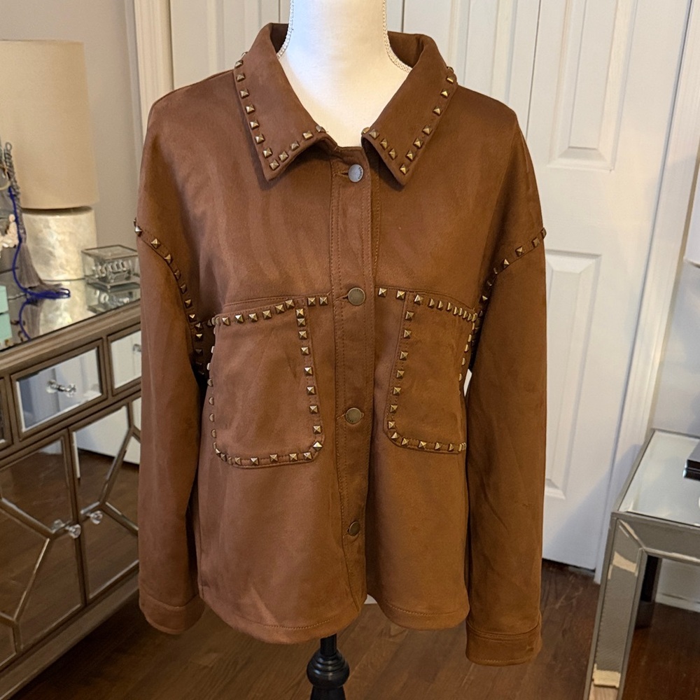 Vigoss Studded Brown Faux Suede Jacket Super Soft, Trendy NWT Large - ❤️